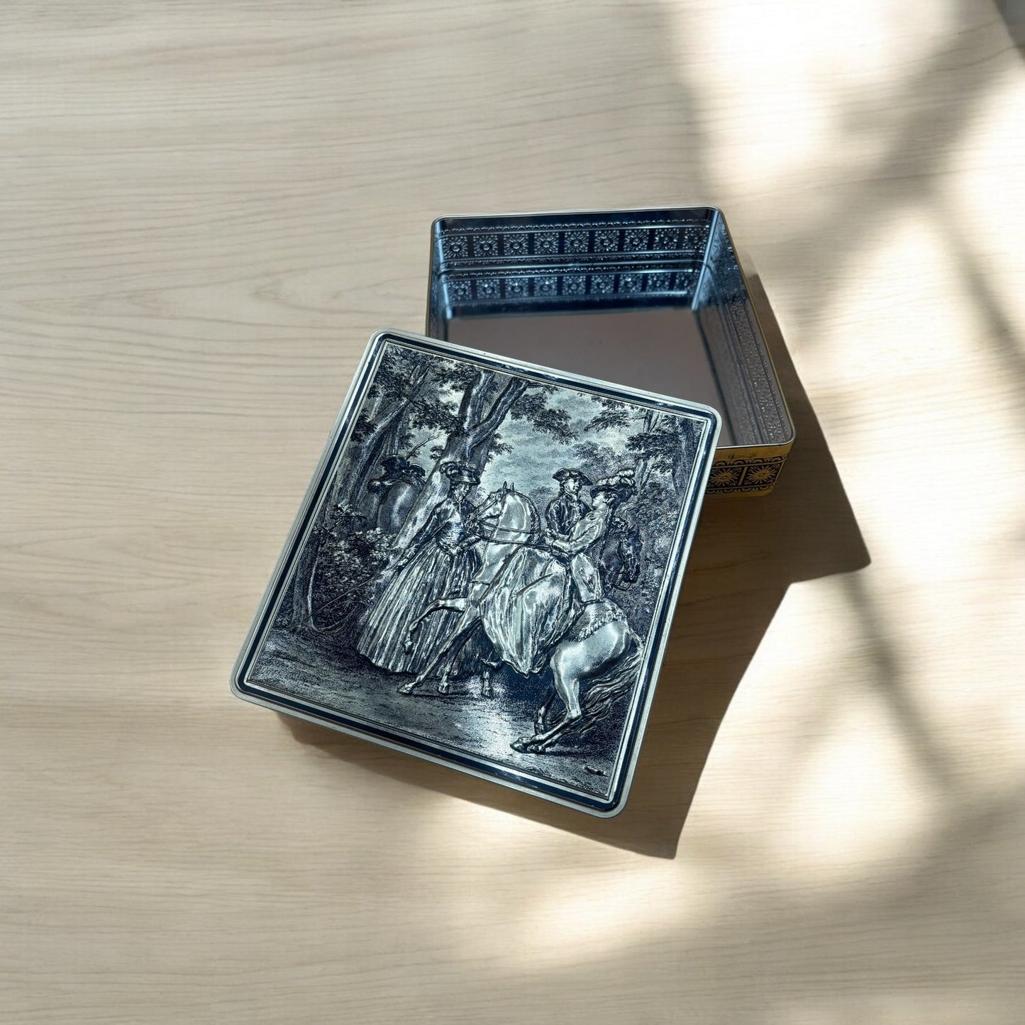 VTG French Victorian Biscuit Tin - Gold Embossed Scene