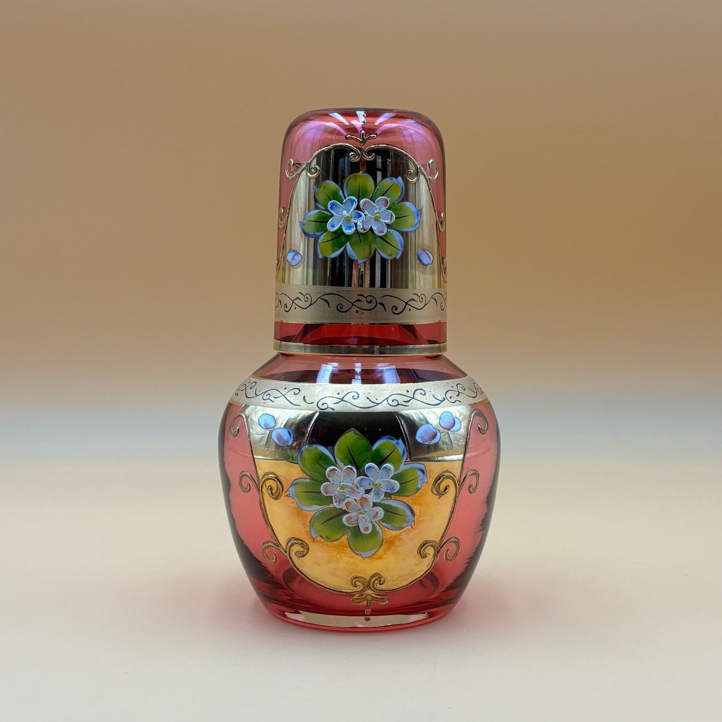 Hand Painted Pink Glass Tumble Up Decanter & Tumbler Set, A.A. Importing Co. Japan