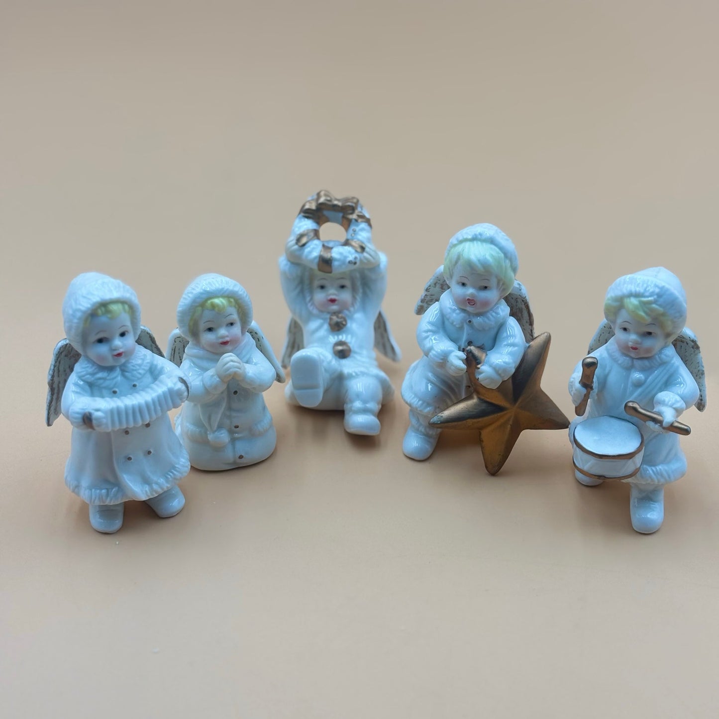 Set of 5 Vintage Ceramic Winter Angels with Gold Accents