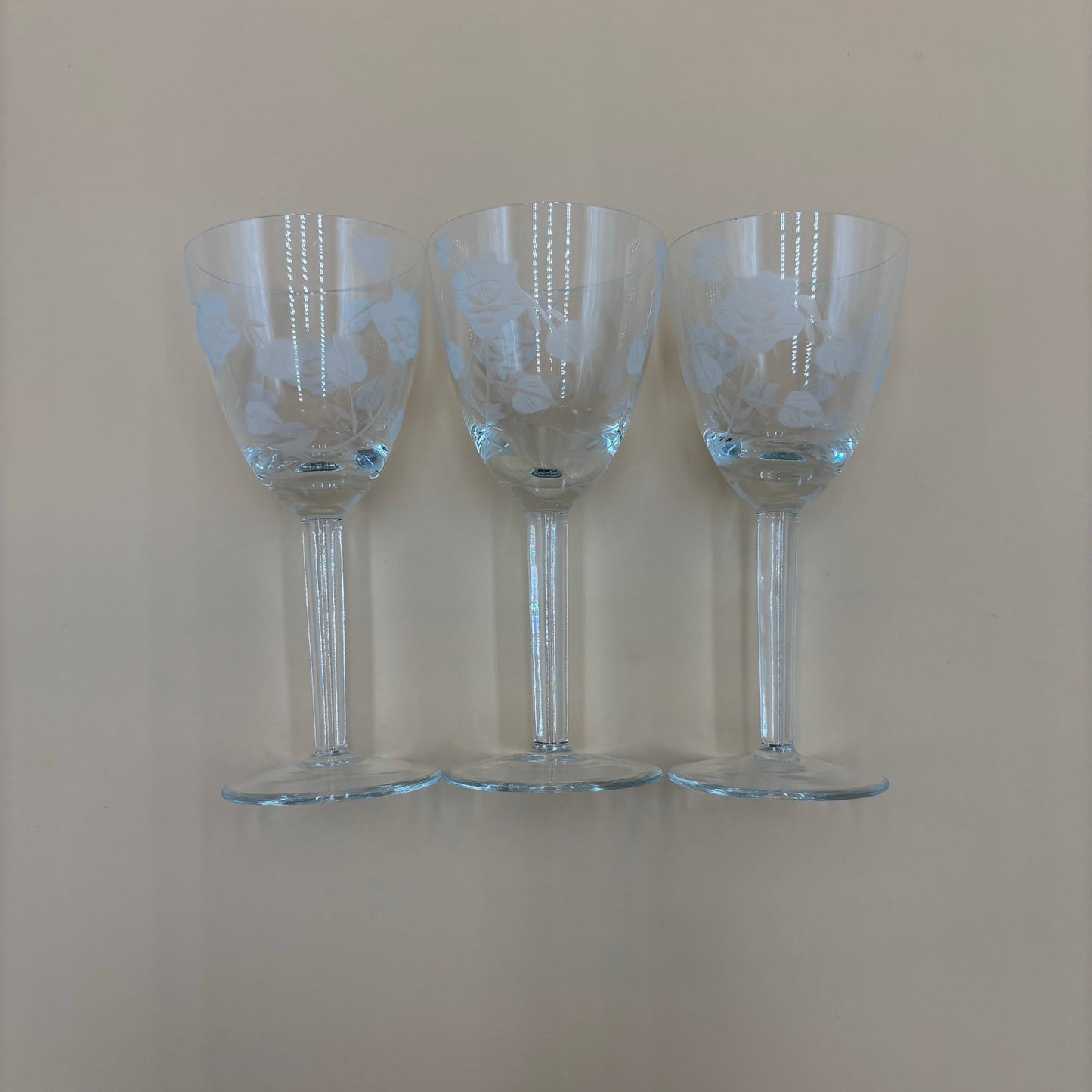 Set of 3 Etched Floral Wine Glasses – 6 3/8” Tall