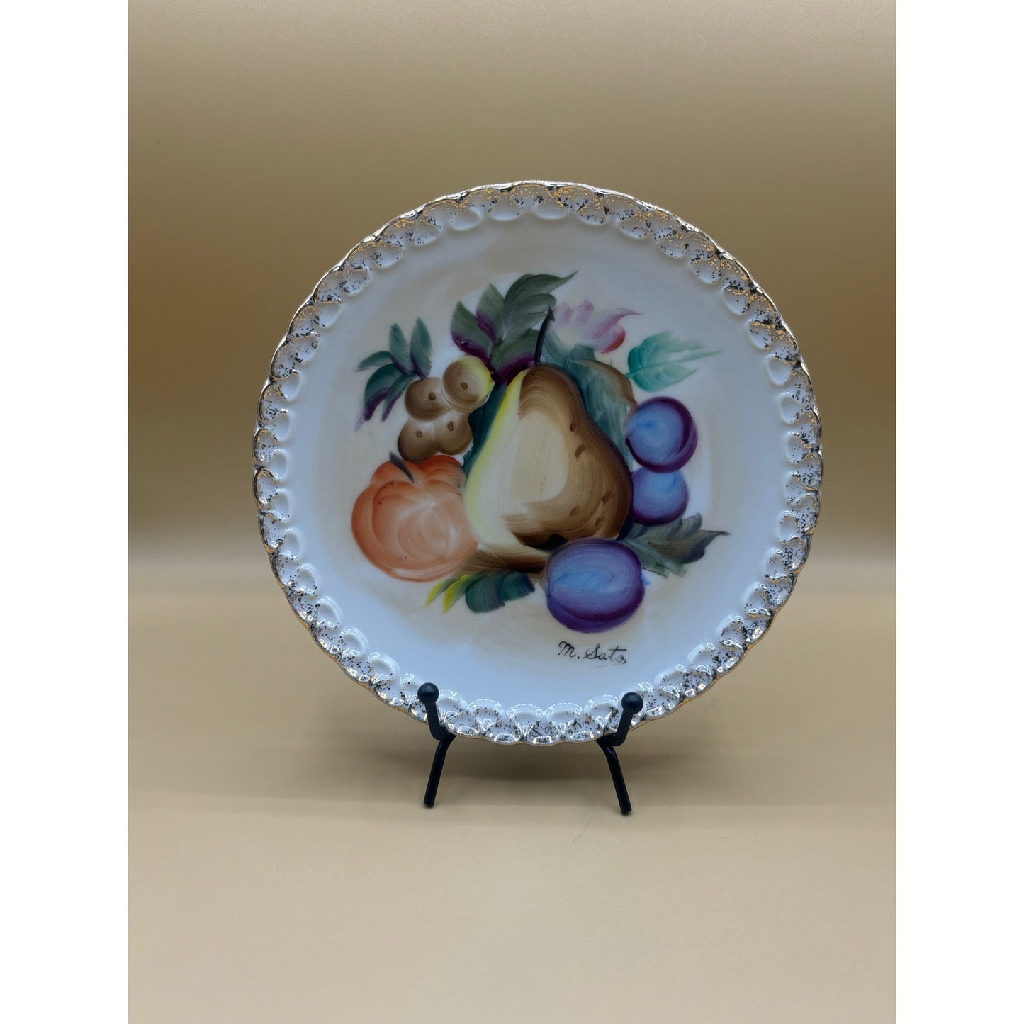 M. Sato Hand-Painted Decorative Plate with Gold Trim - 6" Fruit Design