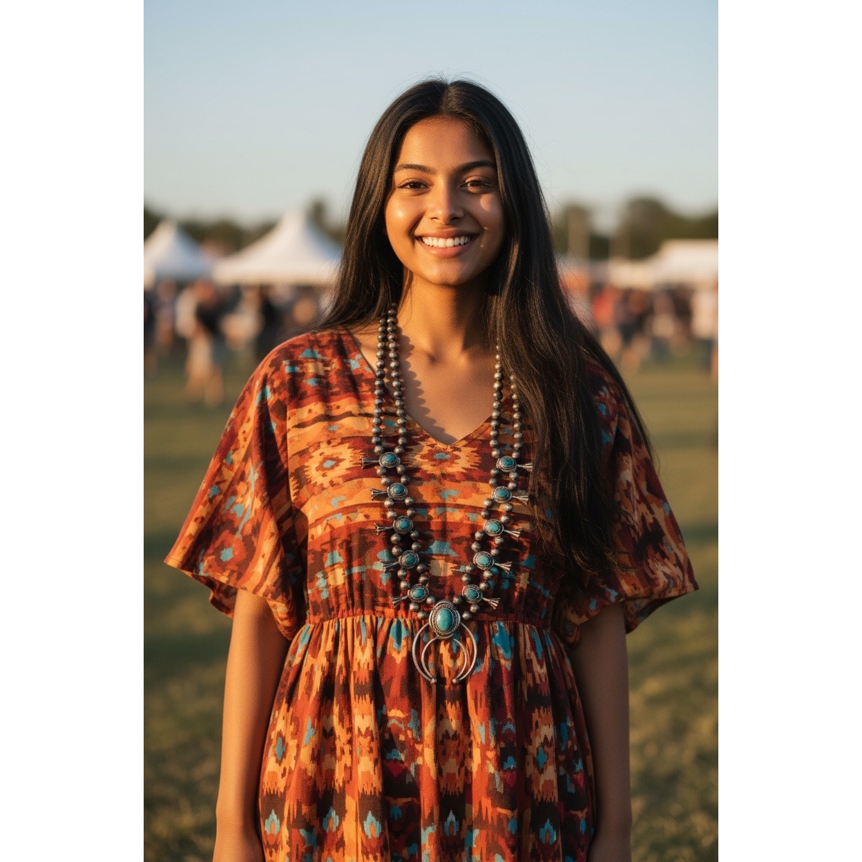 Boho Faux Turquoise Squash Blossom Necklace Copper-Tone Western Statement