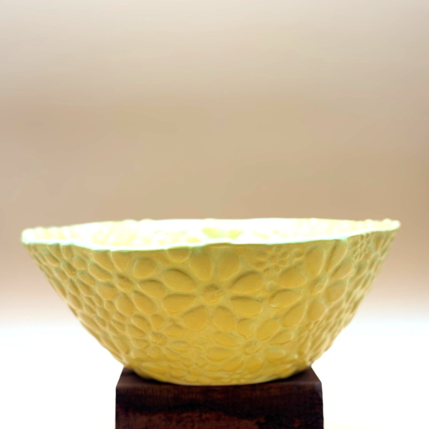 Handmade Bright Cheerful Yellow Pottery Bowl with Embossed Floral Design