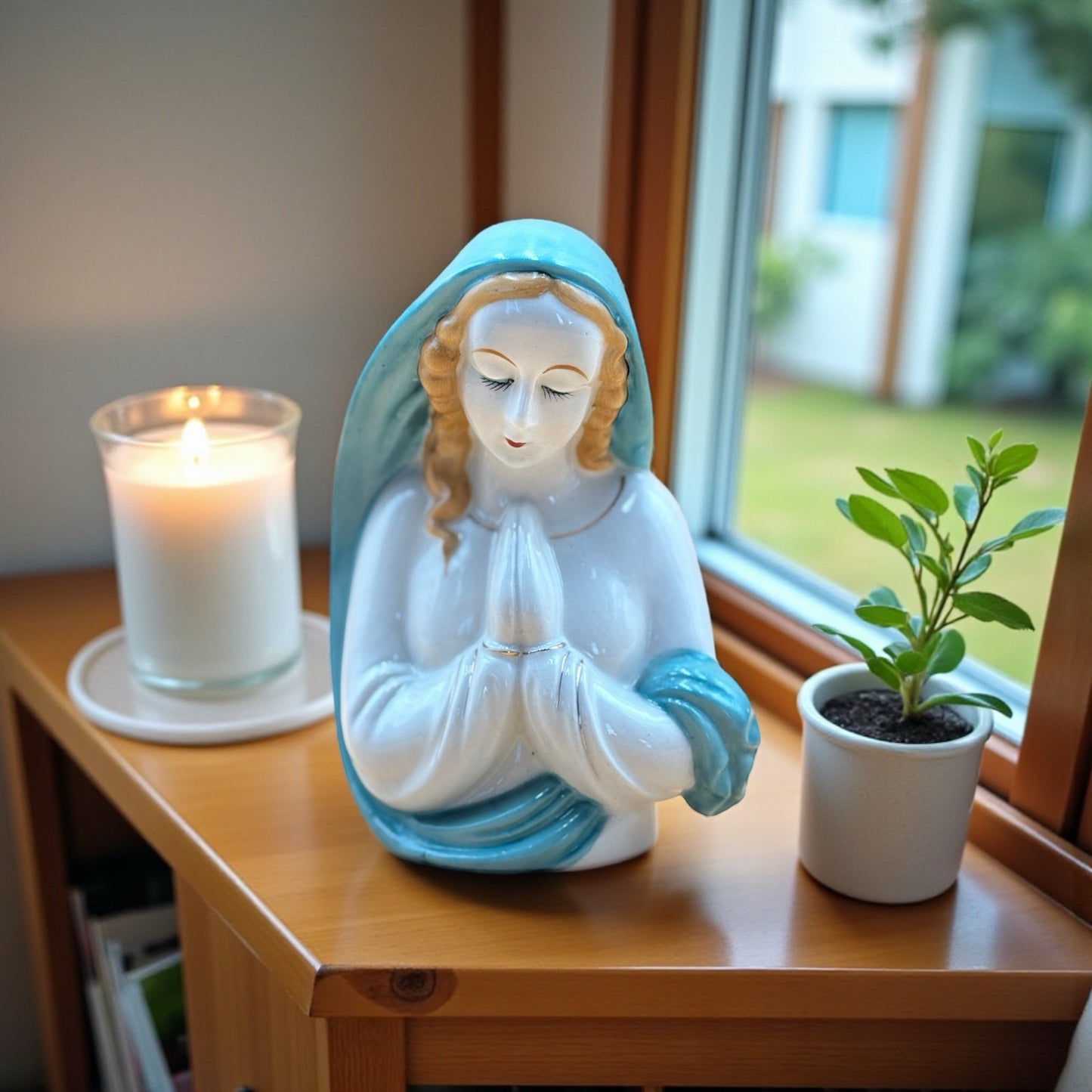 Hand Decorated Japan Virgin Mary Planter — Turquoise & White Ceramic