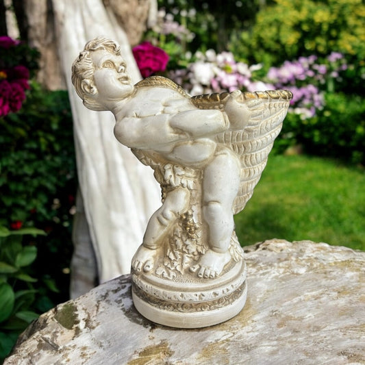 VTG Chalkware Angel Cherub with Cornucopia Garden Statue - Ivory & Gold Accent