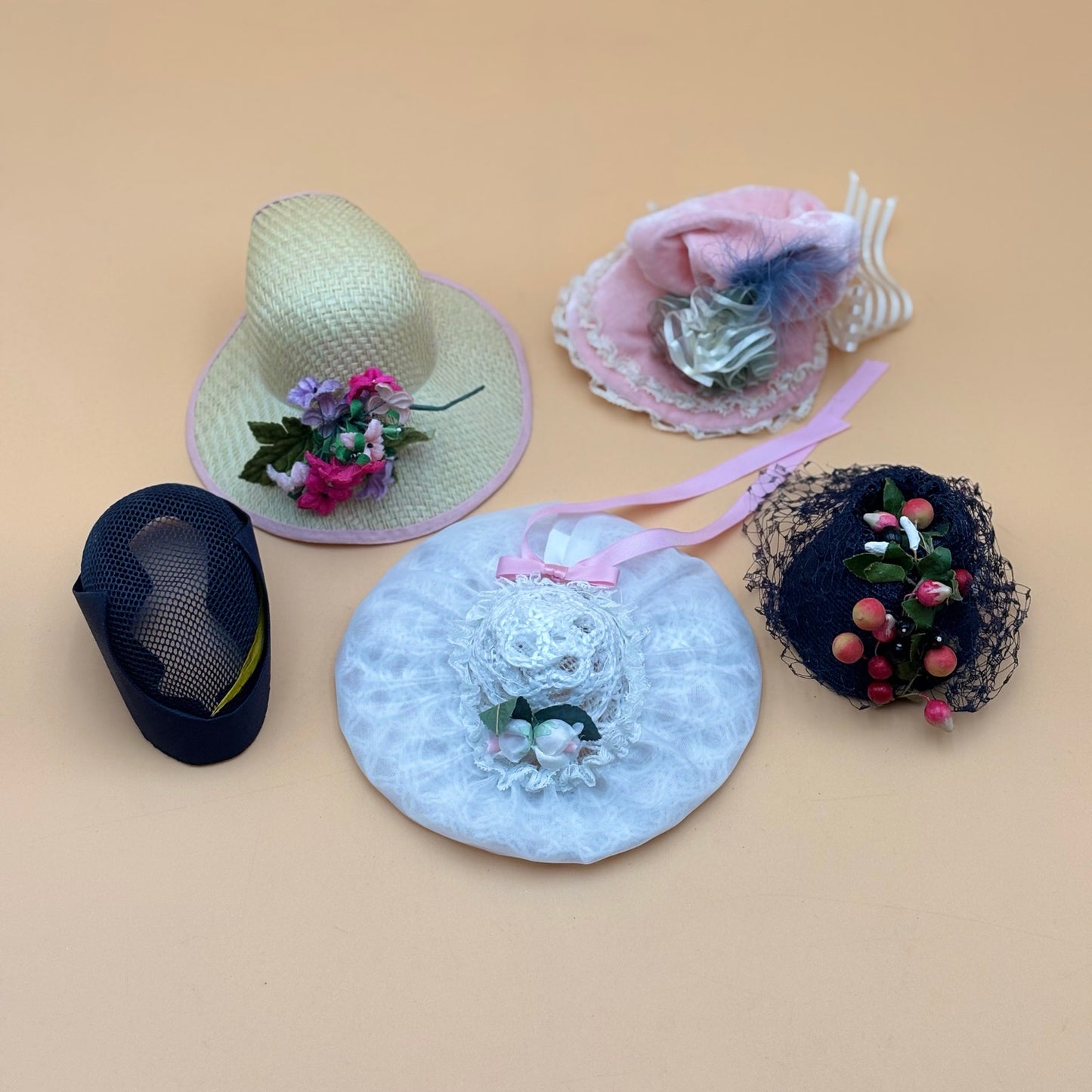 Set of 5 Vintage Doll Hats – Miniature Fabric & Straw Floral Hats