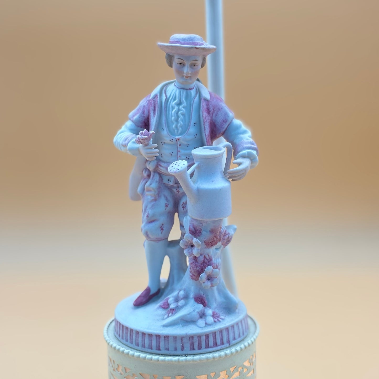 Pair of Vintage Porcelain Figural Lamps with Lighted Bases – Man & Woman with Cherry Blossoms – 17.5” Tall