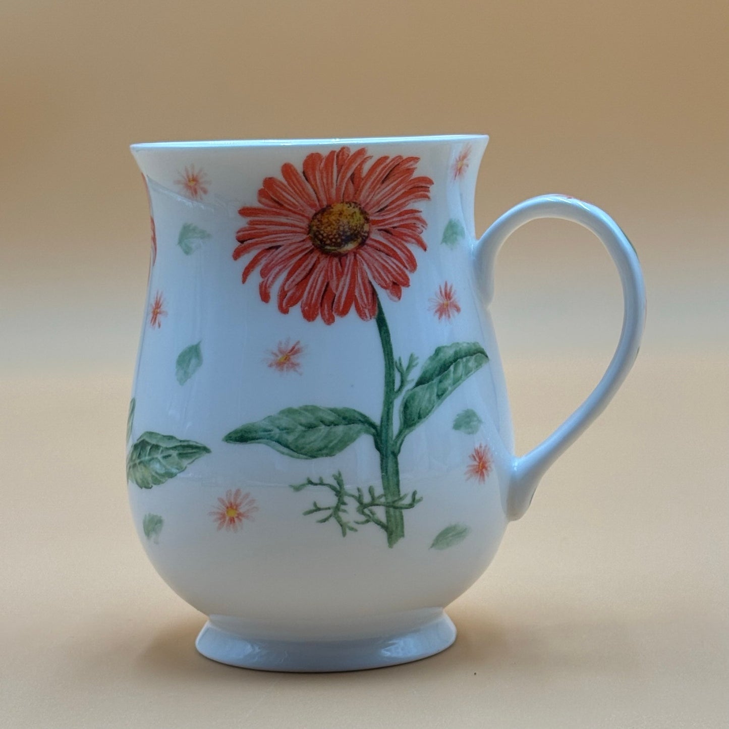 Set of 2 Fine Bone China Floral Mugs - Orange Gerbera Daisy