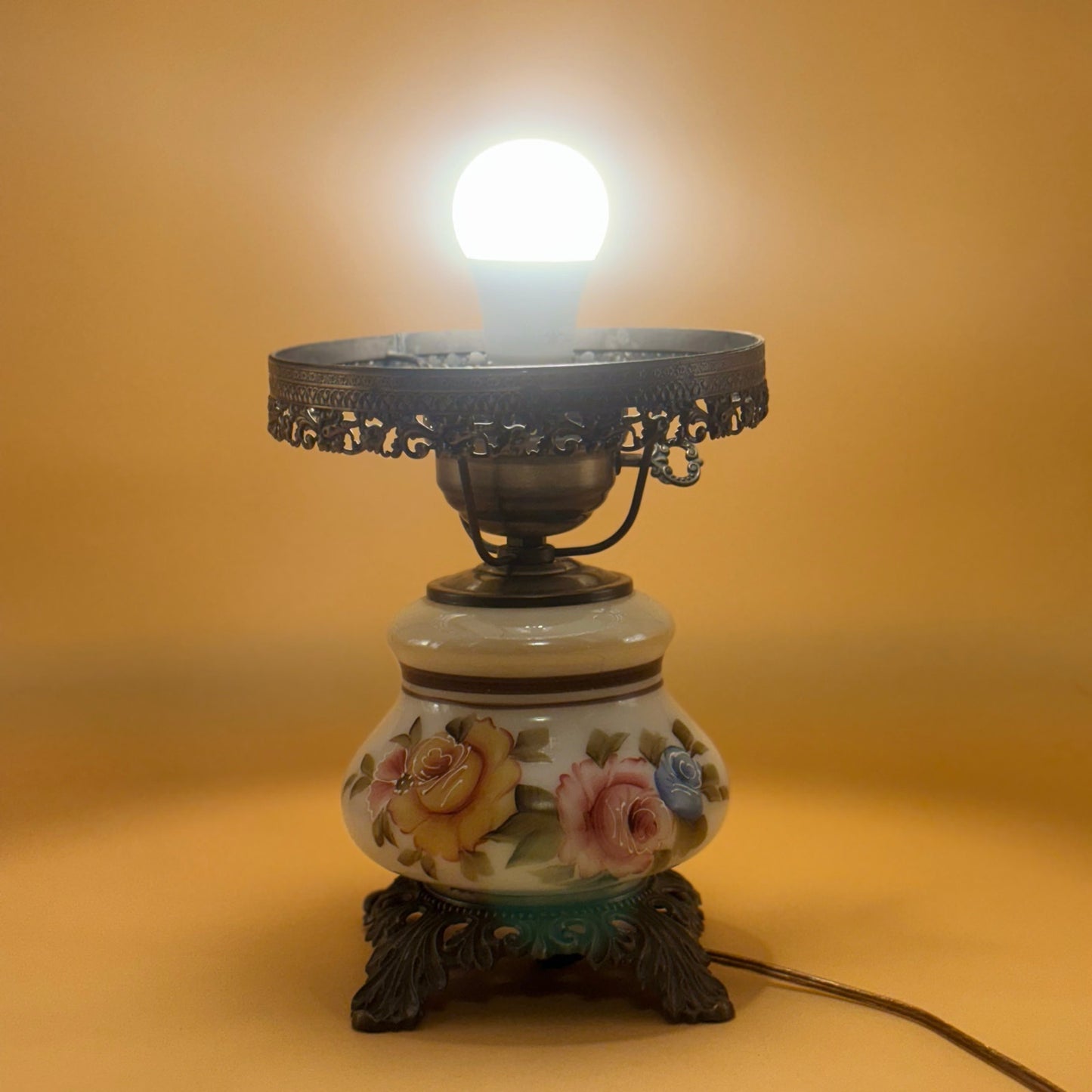 Vintage GWTW Hurricane Lamp Base Hand Painted Flowers 3 Way Light