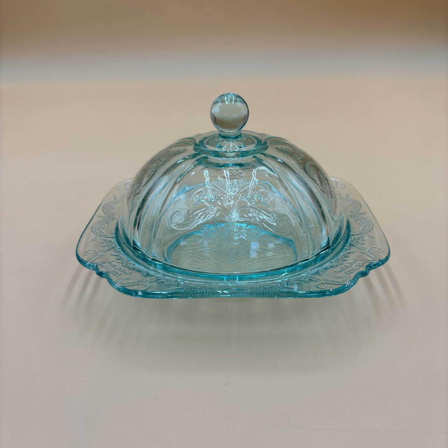 Depression Glass Butter Dish – Aqua Blue Etched Dome with Square Base