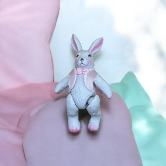 Vintage White Porcelain Jointed 4.5" Bunny Figurine with Pink Vest