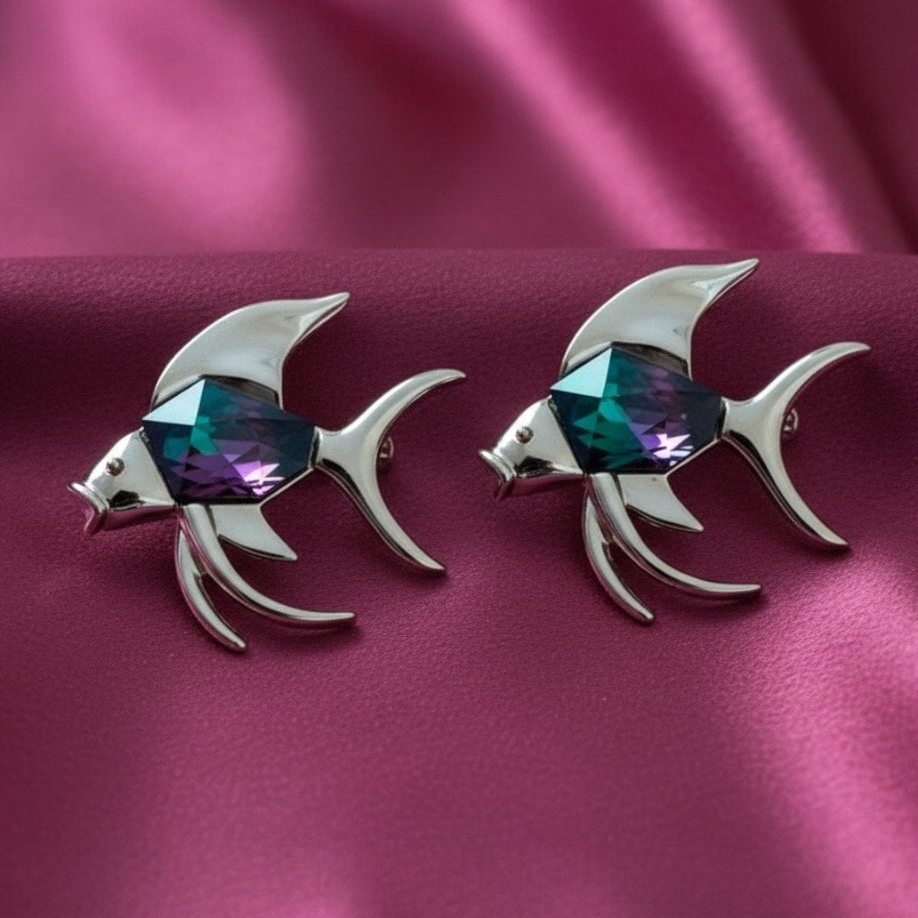 Vintage Sarah Coventry Goldtone Fish Pins (Pair, Watermelon Stones)