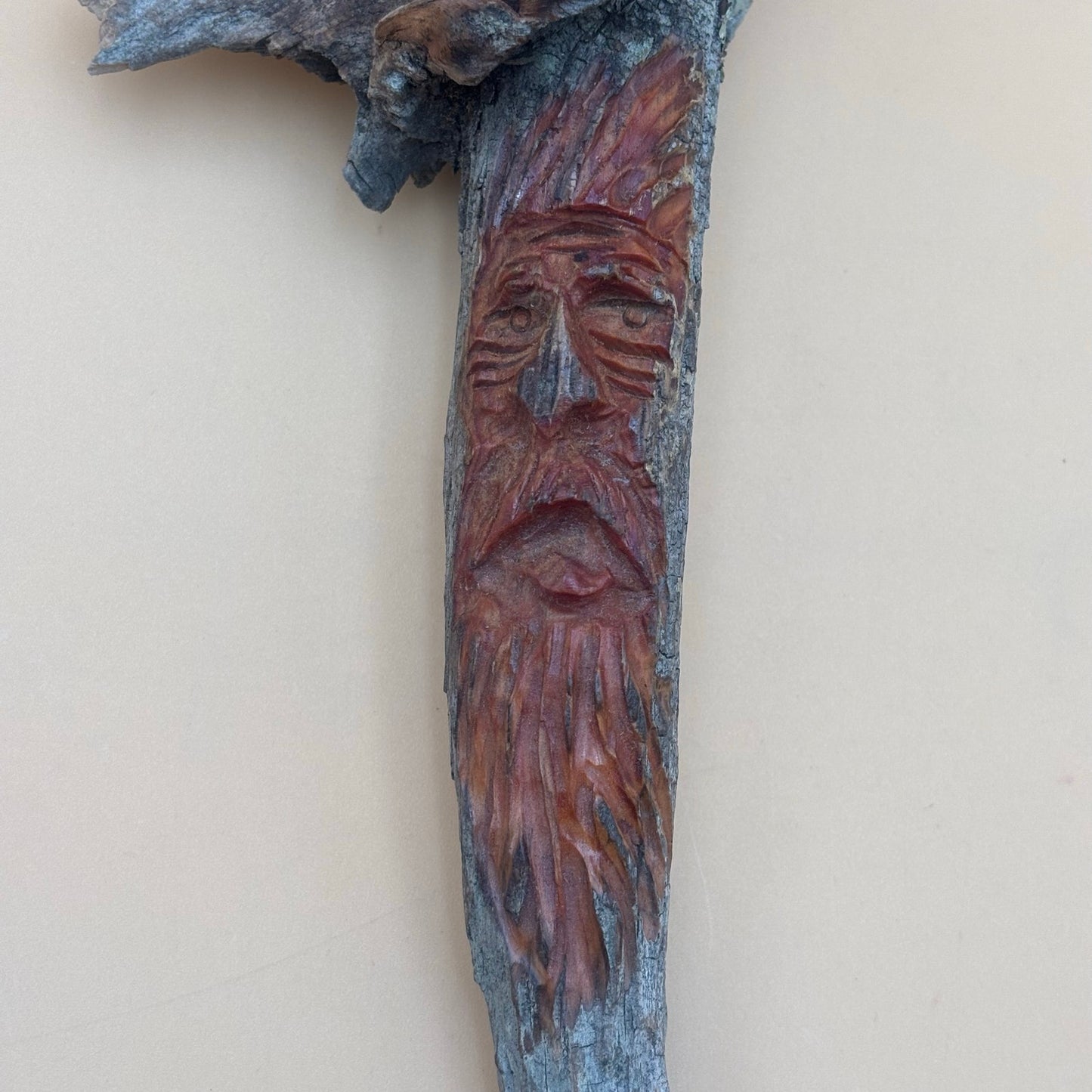 Hand-Carved Driftwood Tree Spirit Carving Face Art Sculpture