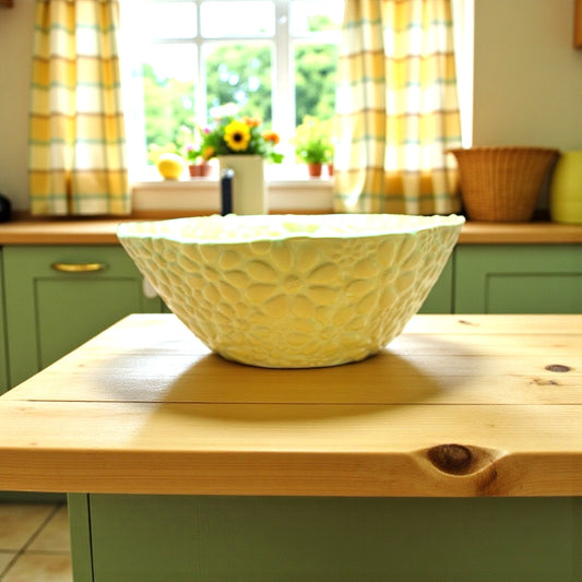 Handmade Bright Cheerful Yellow Pottery Bowl with Embossed Floral Design