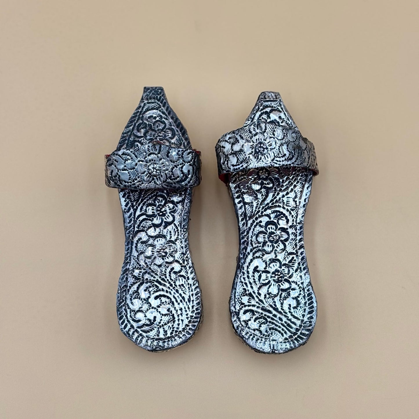 Vintage Ottoman Style Child’s Shoes Silver Tone on Wood with Box Collectible