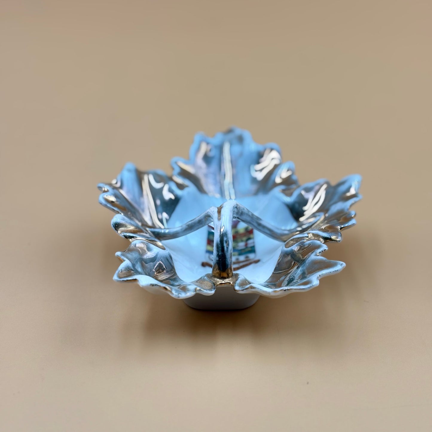 Vintage Dominion of Canada Ruffled Leaf Dish – Gray and Gold Accent Handle