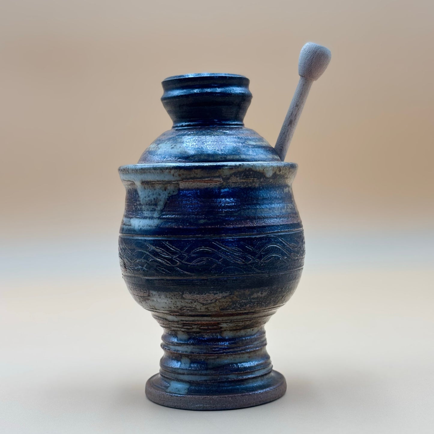 Studio Pottery Honey Jar with Dipper — Olive Green Earth Tone Glaze