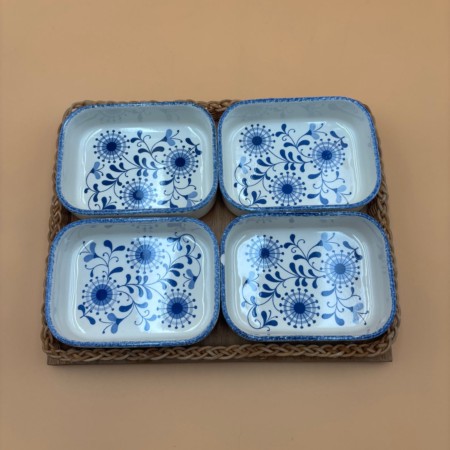 Vintage Waechtersbach Snack Plates – Set of 4 on Wicker Tray