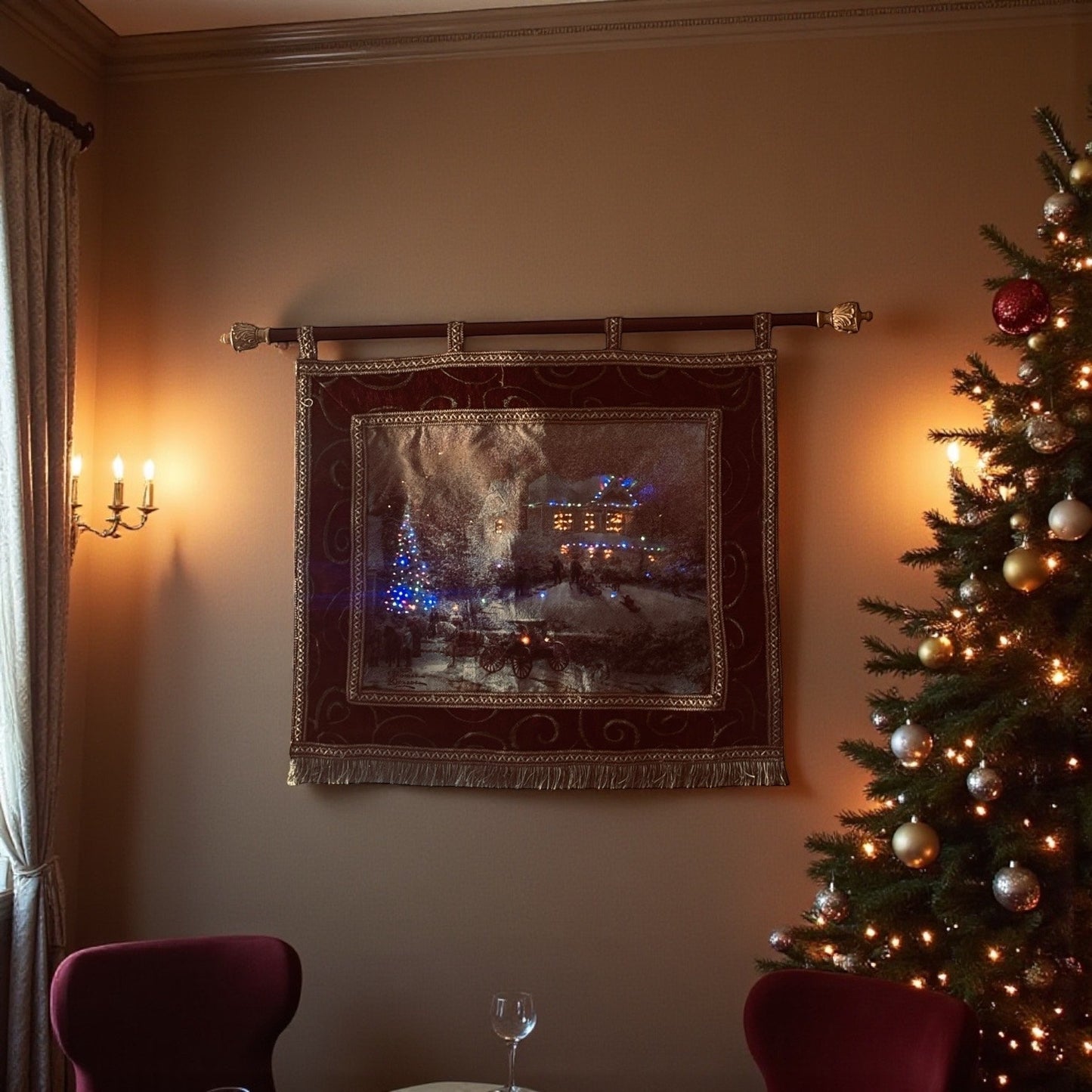 Thomas Kinkade Fiber Optic Wall Tapestry – Victorian Christmas Scene