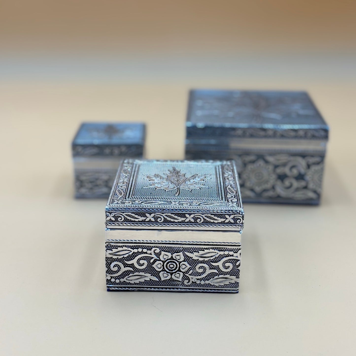 Handcrafted Silver-Toned Maple Leaf Trinket Box Set – 3 Sizes
