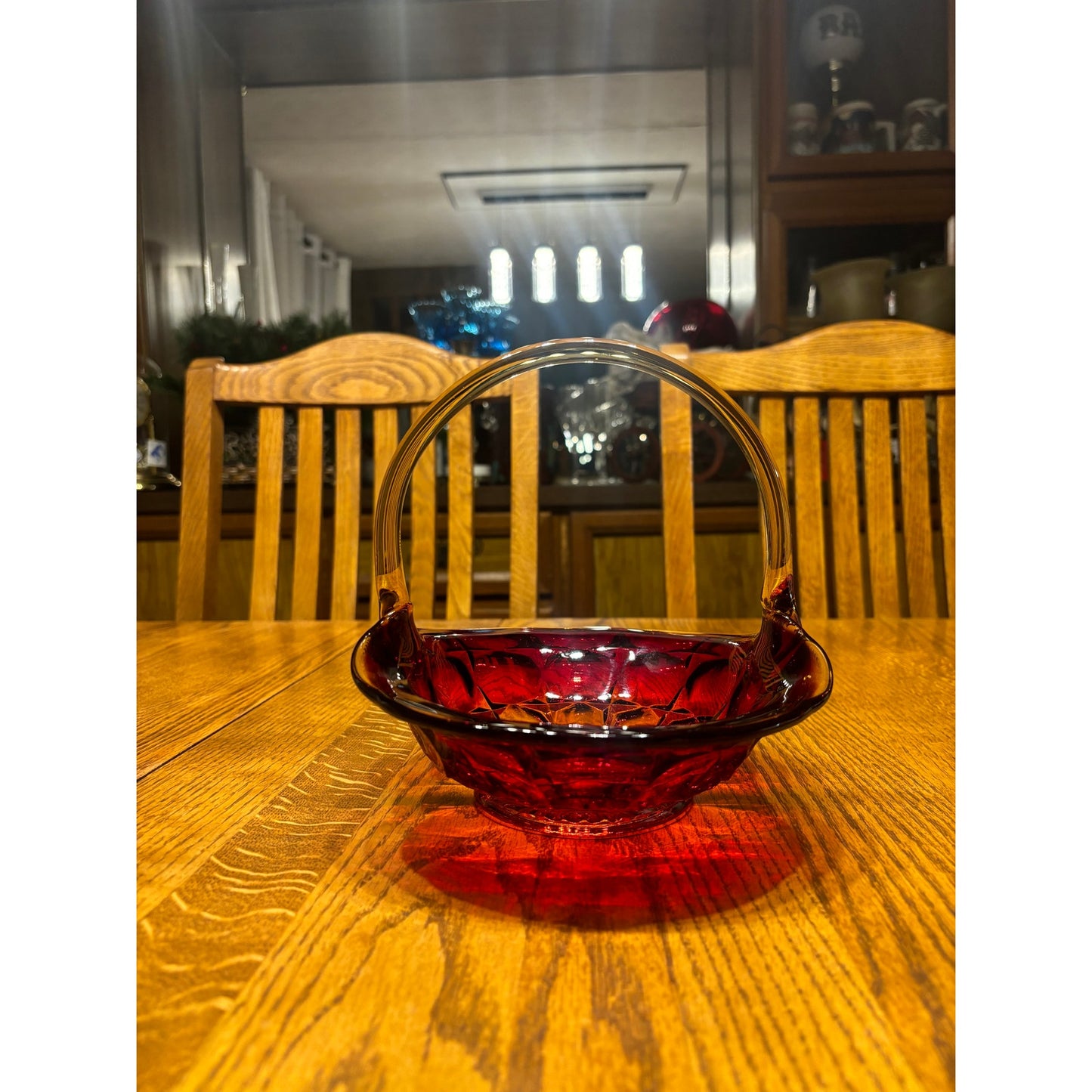 Amberina Tiara Glass Basket Sunset Constellation Pattern Red to Orange Ombré 8” Vintage J.D. Handle