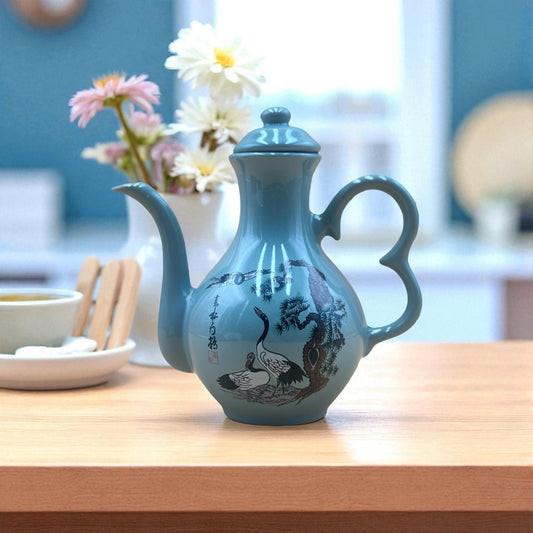 Sage Green Vintage Japanese Sake Pitcher with Bird Motif