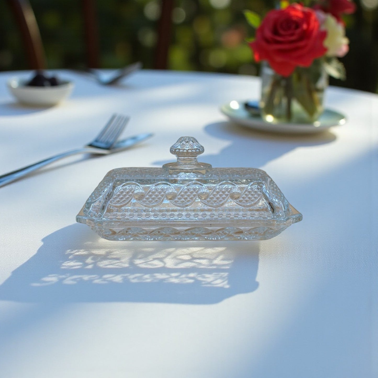 Vintage Avon Pressed Glass Butter Dish with Lid – Diamond Weave Pattern (7”)