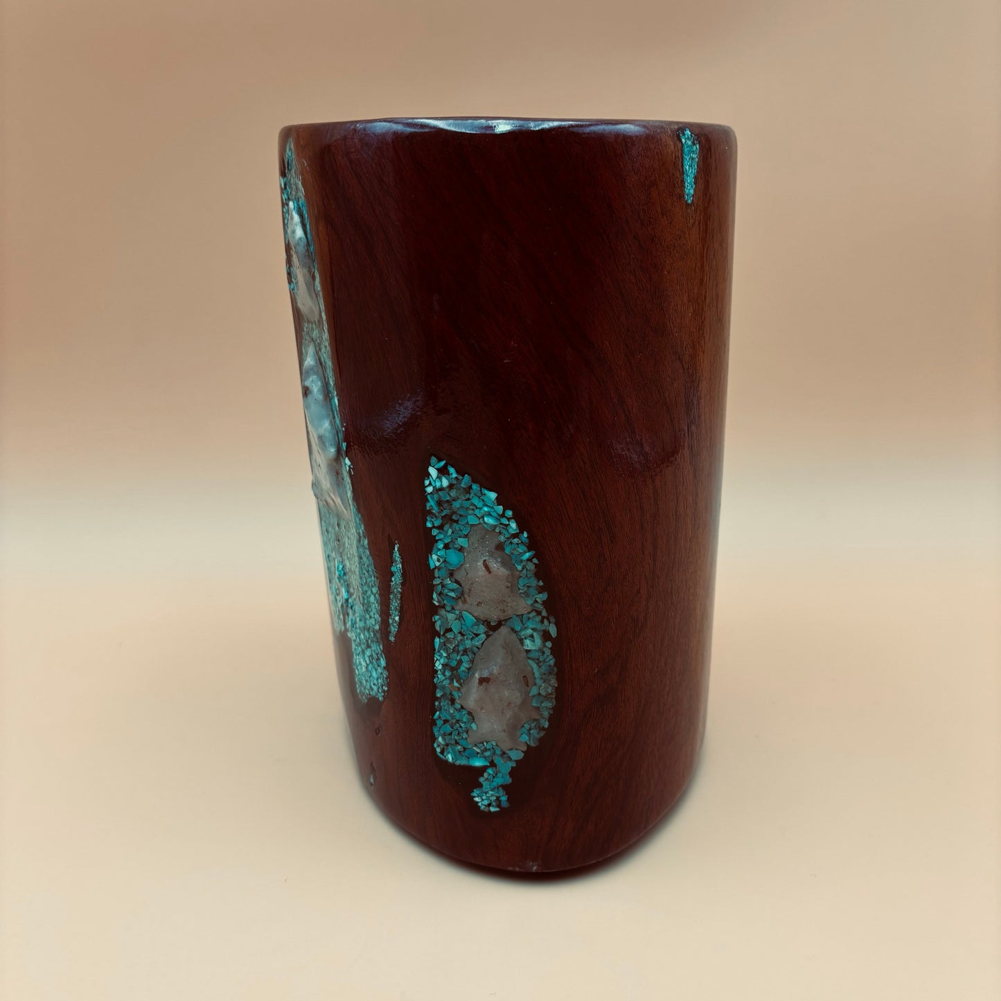 Hand-Carved Burlwood Vessel with Turquoise & Arrowhead Inlay