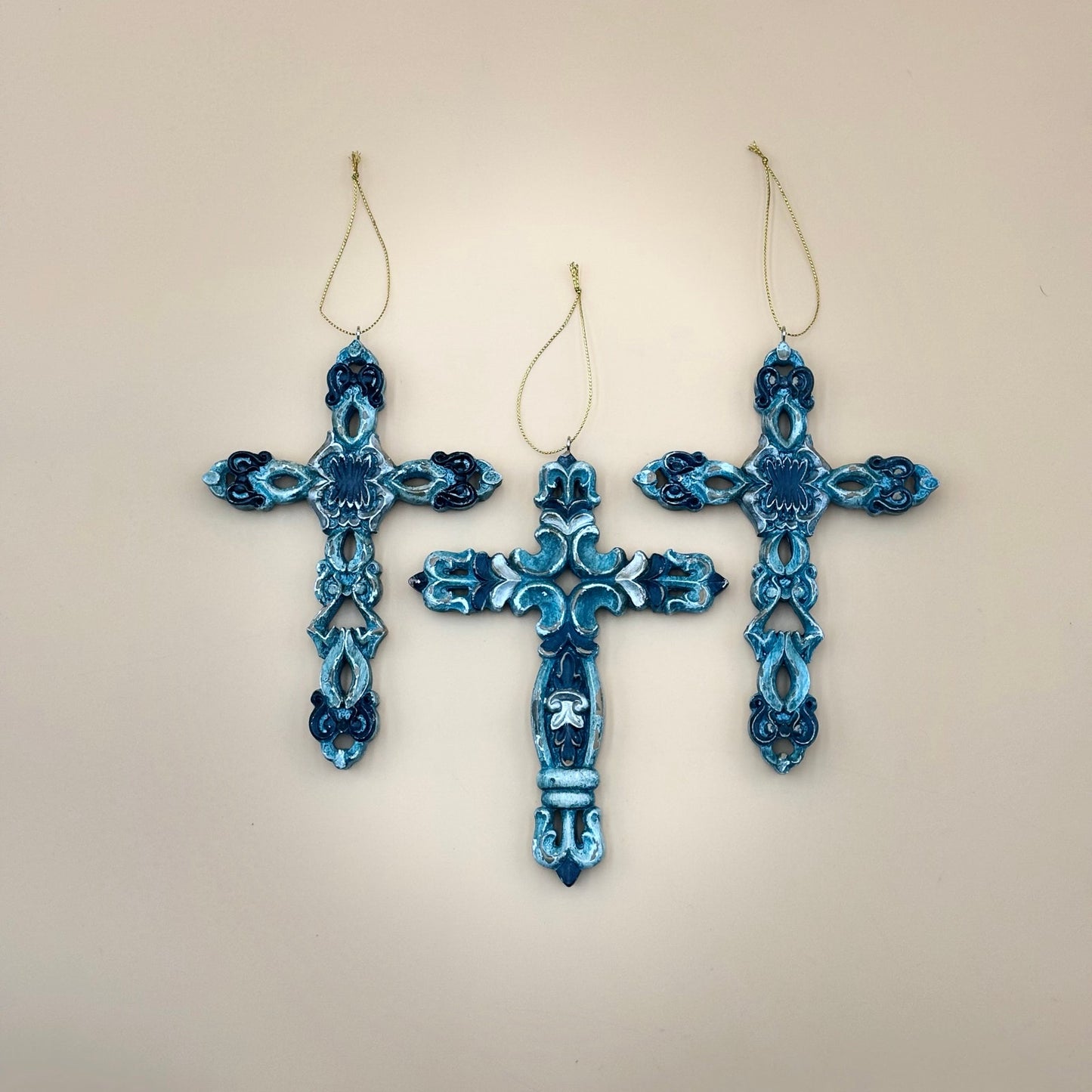 Set of Three 7″ Cross Ornaments — Turquoise, Silver, and Brown Tones