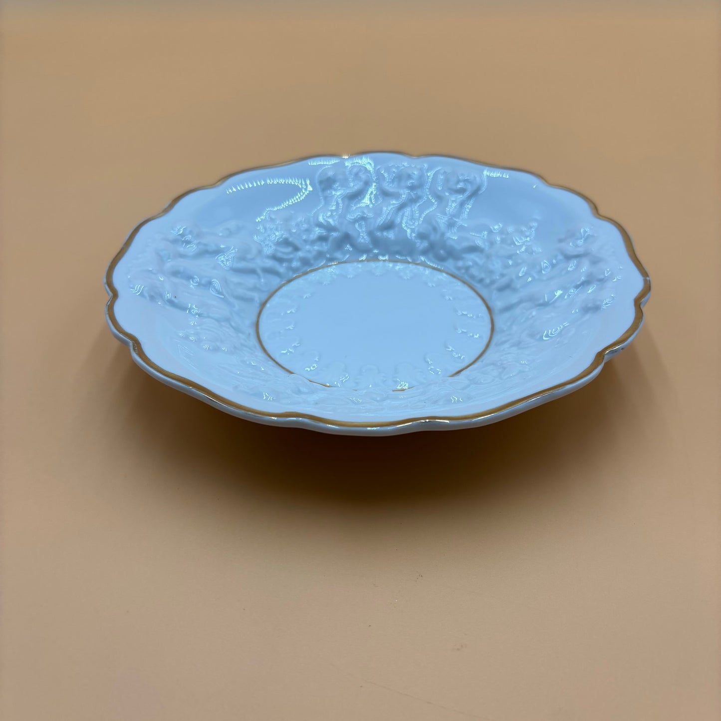 Vintage Embossed Cherub Porcelain Bowl with Gold Trim – 8.25”