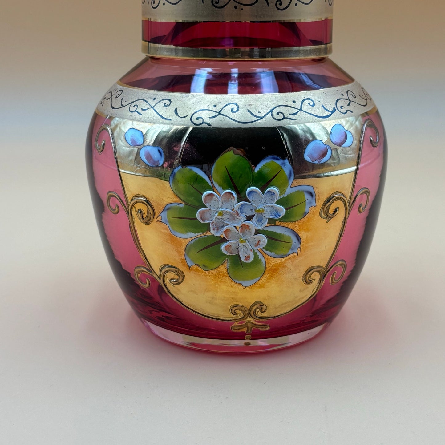 Hand Painted Pink Glass Tumble Up Decanter & Tumbler Set, A.A. Importing Co. Japan