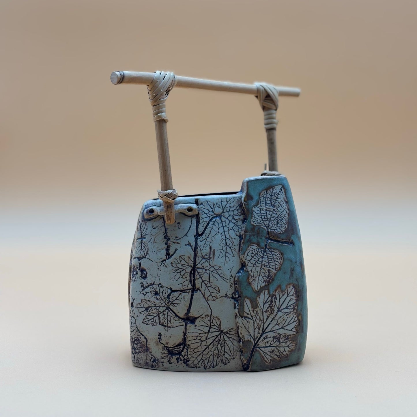 Malaysia Handicraft Tenmoku Pottery Vase with Bamboo Handle