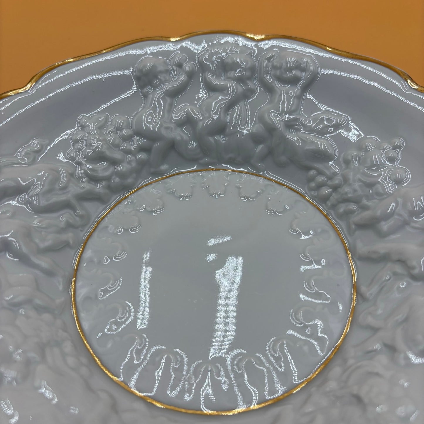 Vintage Embossed Cherub Porcelain Bowl with Gold Trim – 8.25”