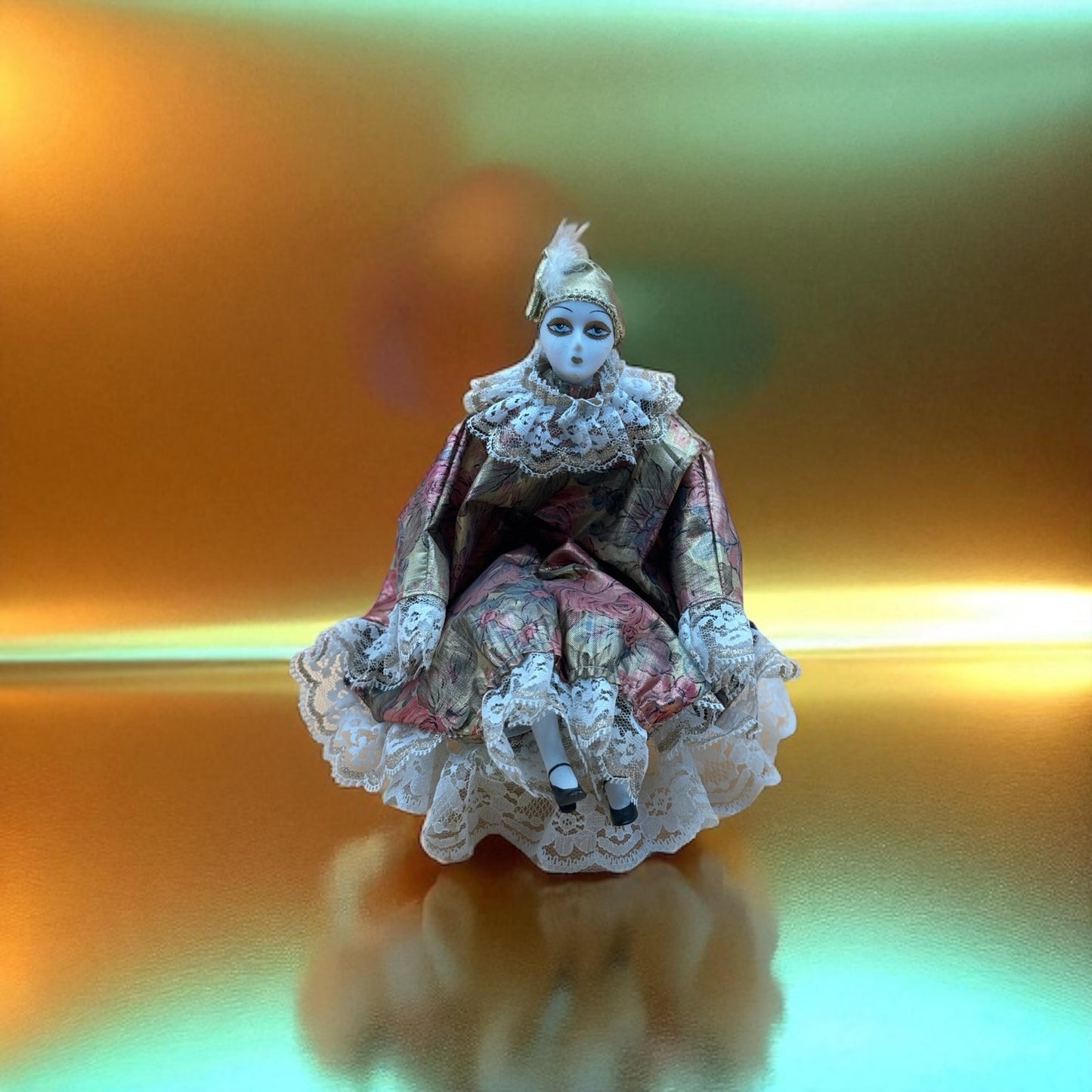 Porcelain Musical Clown Doll – Gold & Floral Dres