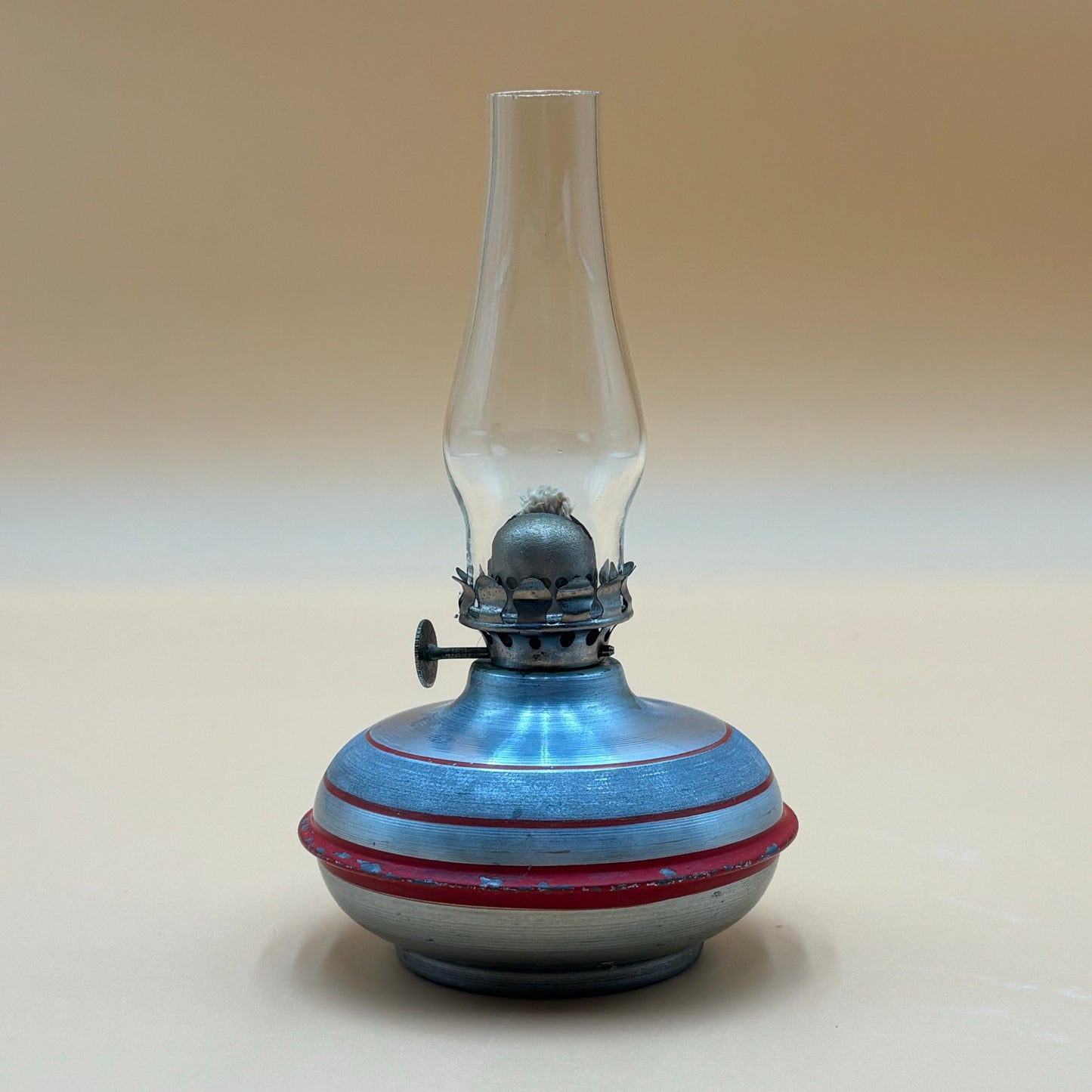 Vintage Mini Kerosene Oil Lamp with Metal Reflector Shield - Red Stripe