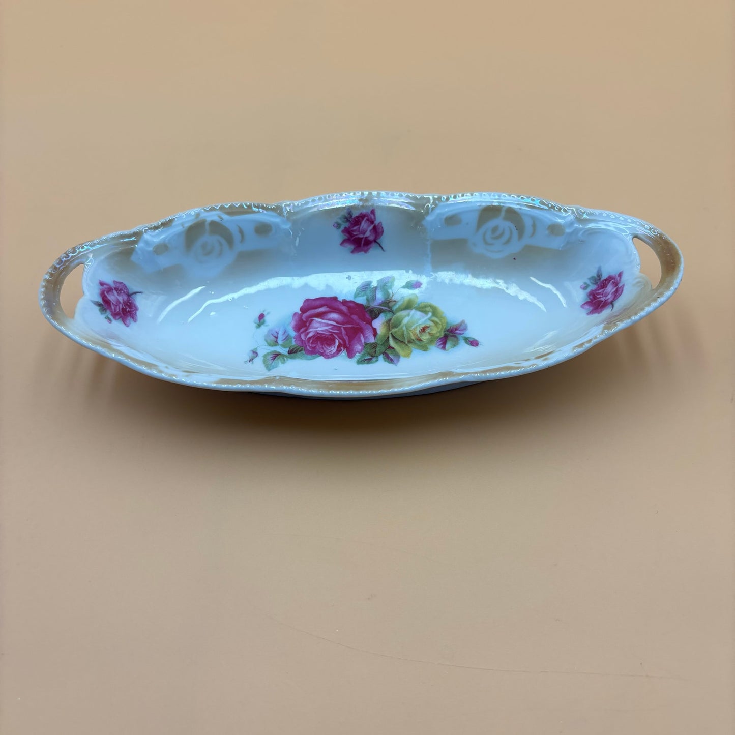 Vintage Made in Germany Porcelain Oval Dish – Pink & Yellow Roses with Handles
