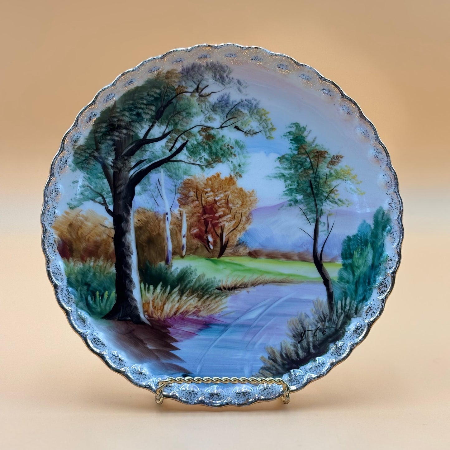 Vintage Hand Gold Trimmed Painted Japanese Landscape Plate 8 in.