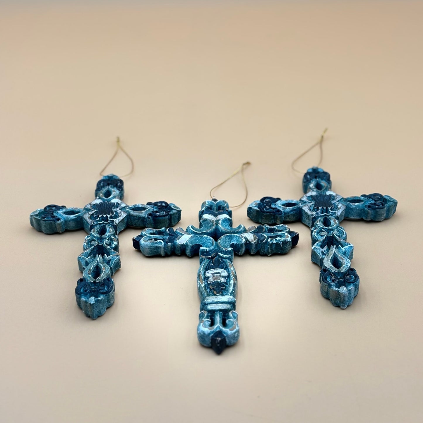 Set of Three 7″ Cross Ornaments — Turquoise, Silver, and Brown Tones