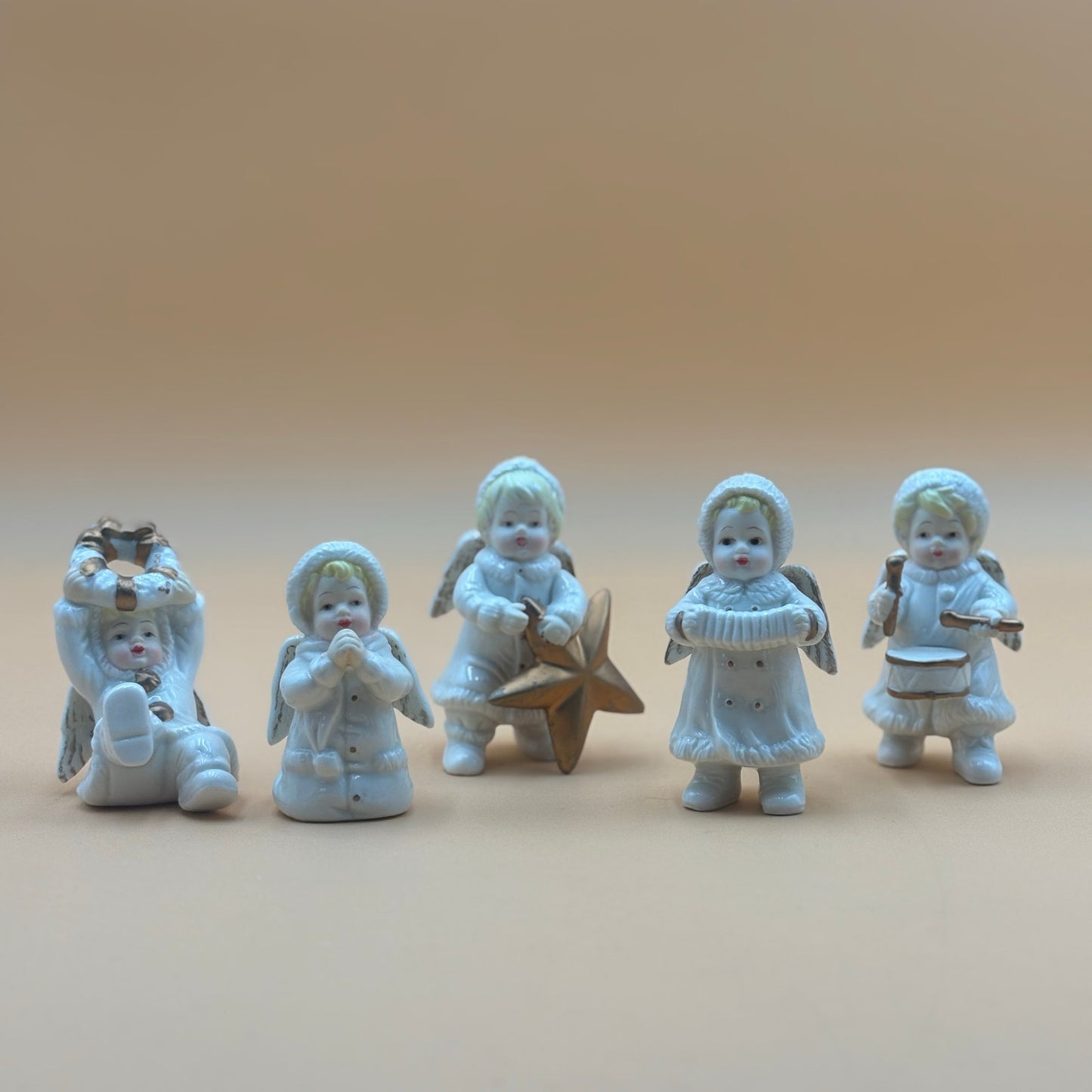 Set of 5 Vintage Ceramic Winter Angels with Gold Accents