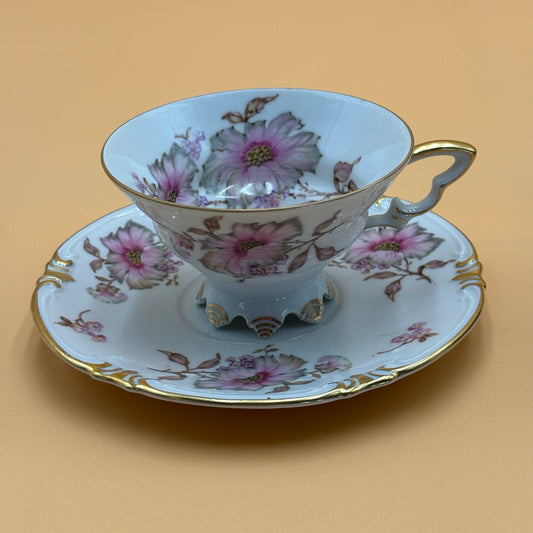 Vintage Mitterteich Bavaria Dogwood Teacup & Saucer - Gold Trim