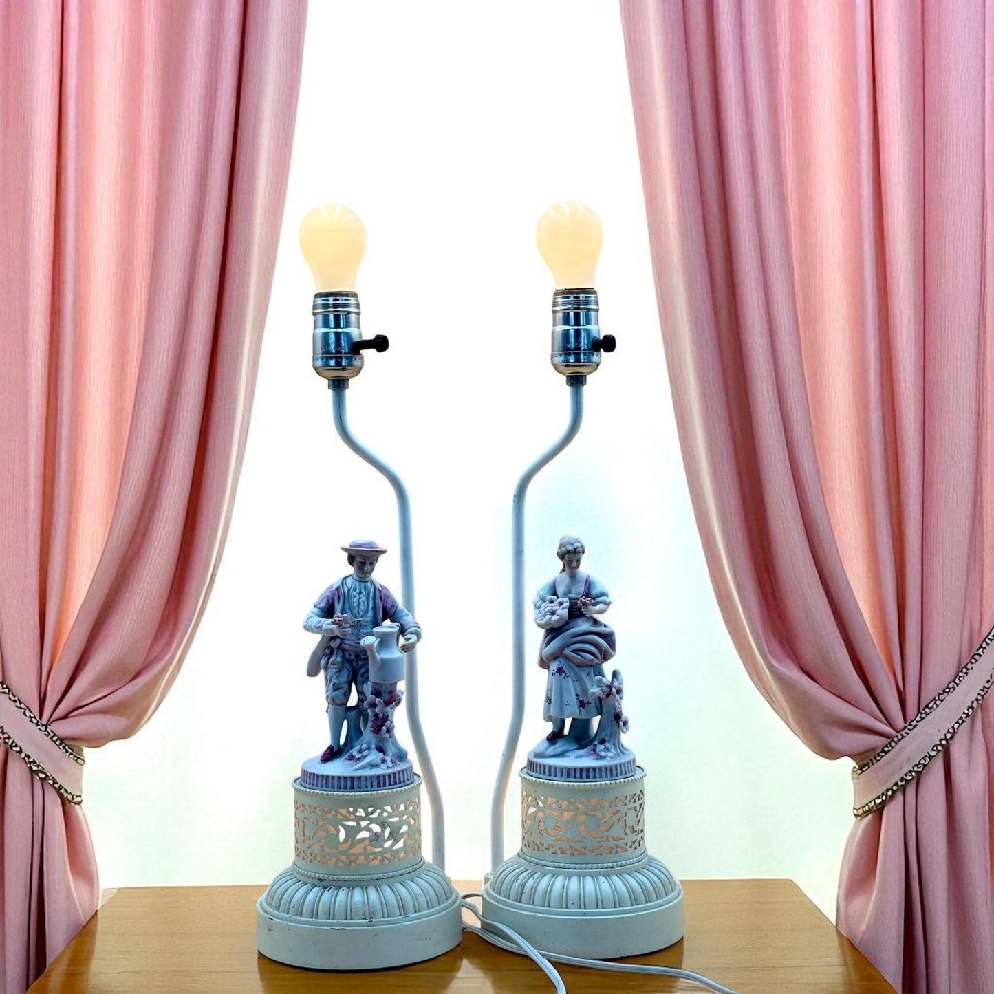 Pair of Vintage Porcelain Figural Lamps with Lighted Bases – Man & Woman with Cherry Blossoms – 17.5” Tall