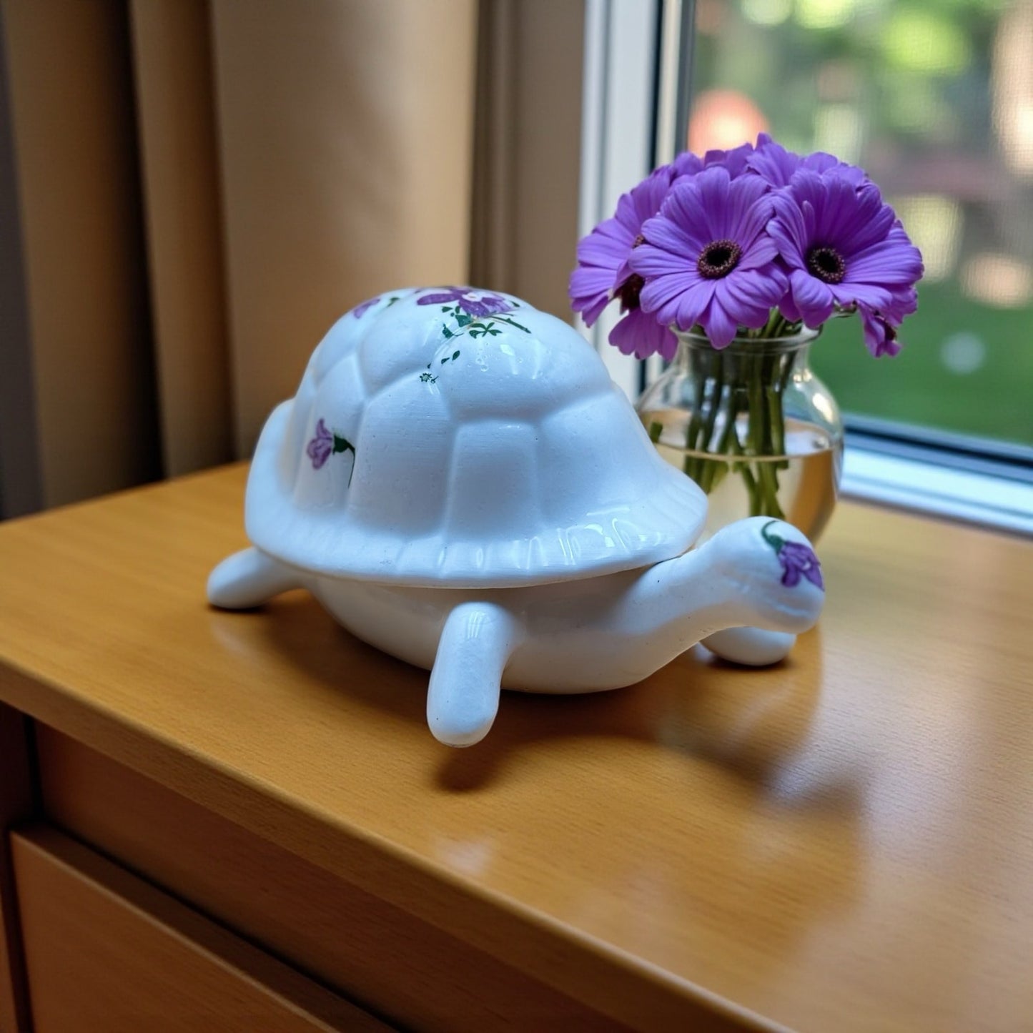 Porcelain Turtle Trinket Box with Purple Floral Design – Made in Taiwan
