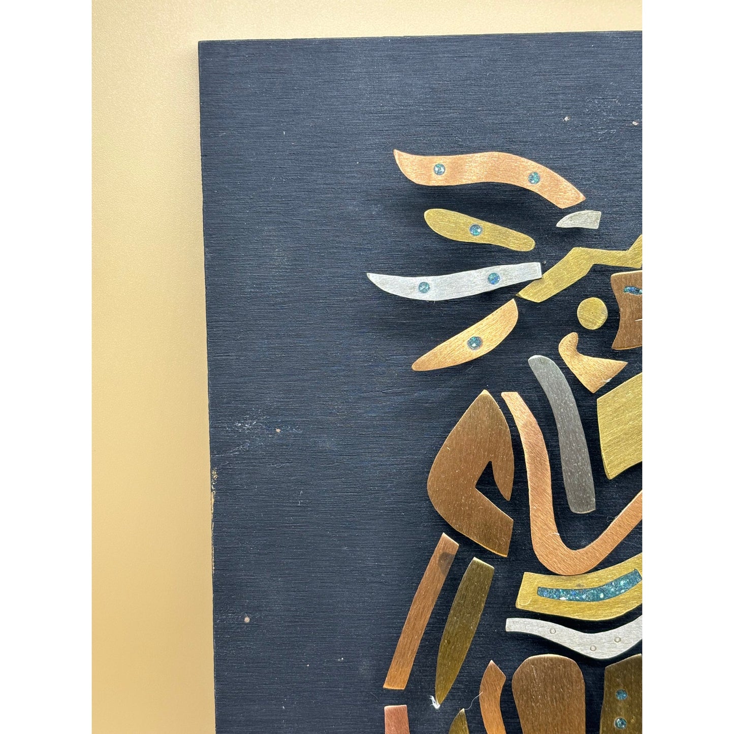 Vintage Mexican Warrior Mixed Metal Stone Inlay Wall Art