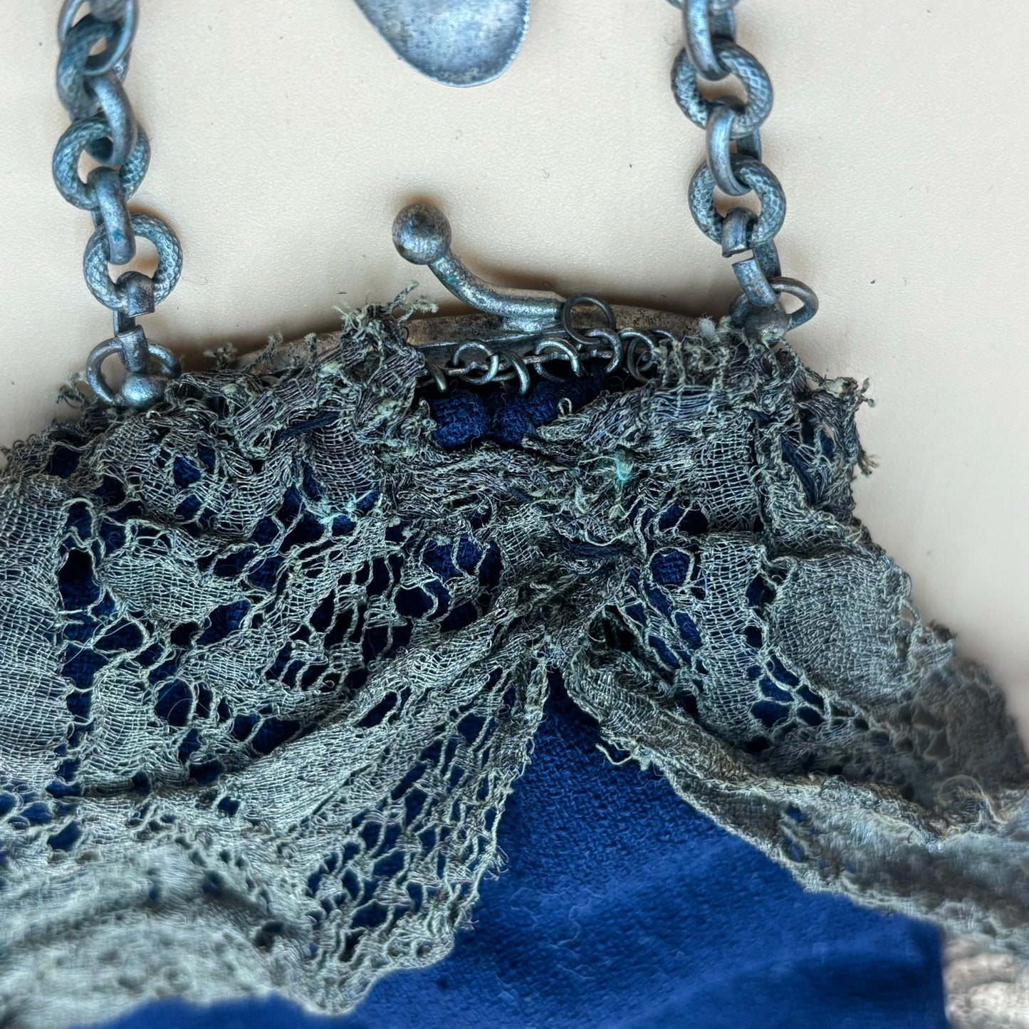 Antique Clip-On Purse with Mirror – Olive Green Lace & Blue Cloth Lining