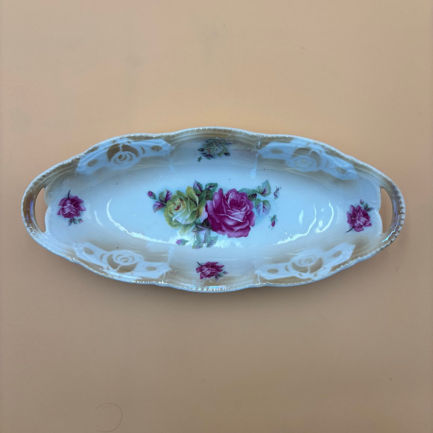 Vintage Made in Germany Porcelain Oval Dish – Pink & Yellow Roses with Handles