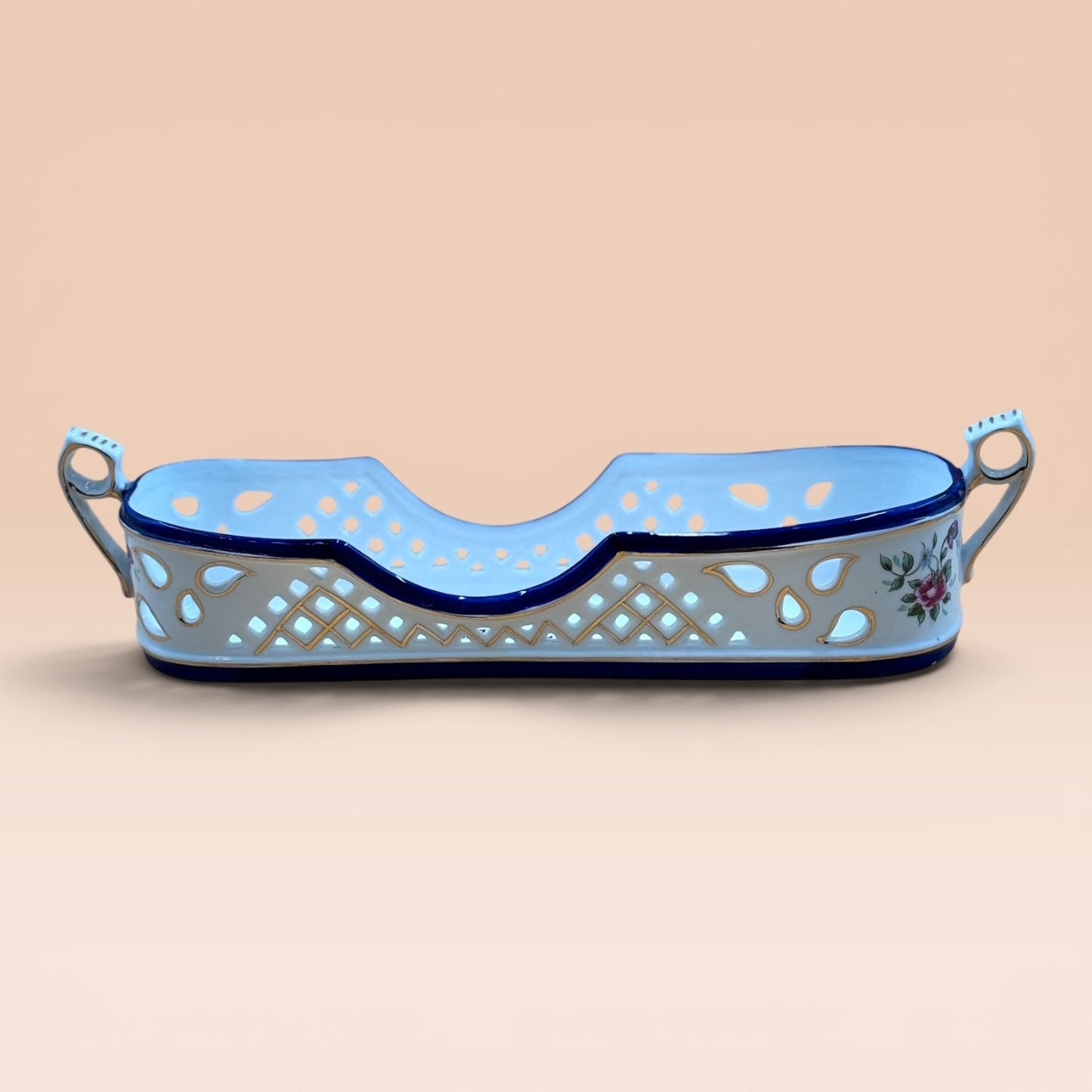 Imperial Limoges France Porcelain Utensil Holder Caddy Floral Cobalt Blue Gold Trim