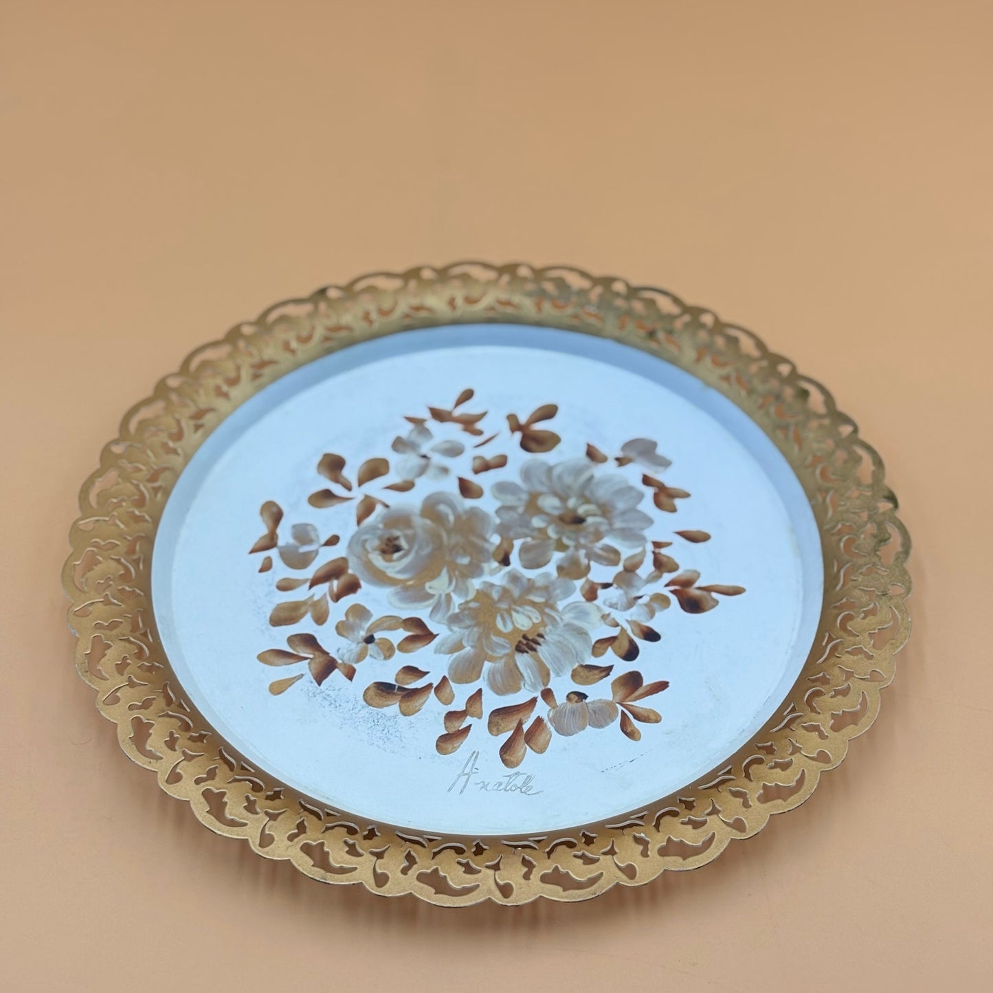 Vintage Nashco Tole Painted Tray – Cream, Gold & Brown Floral “Lace Edge”