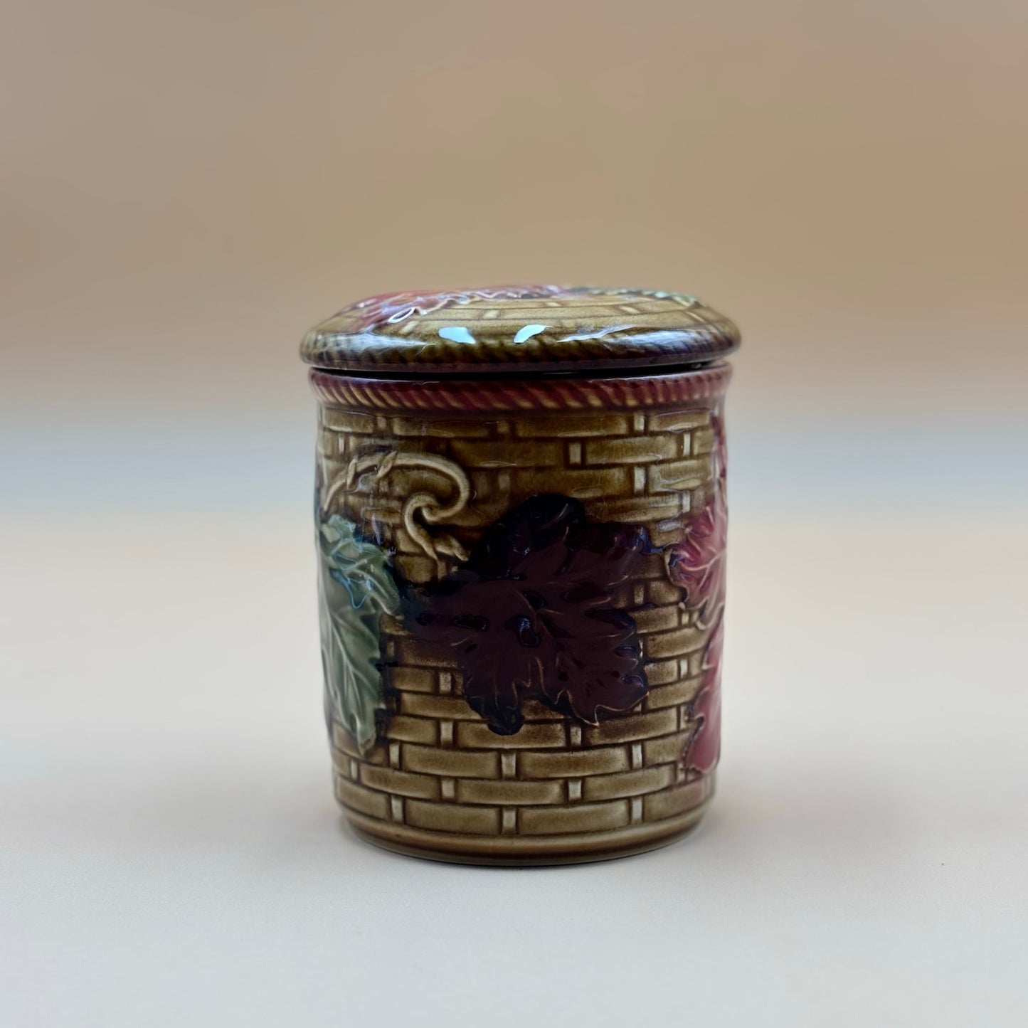Vintage Embossed Ceramic Canister with Grapevine Design – Brown & Burgundy
