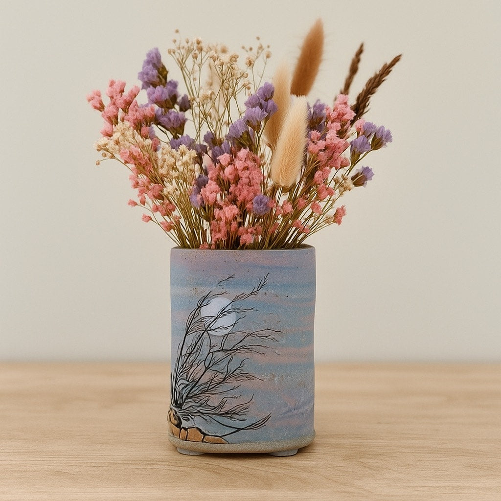 Handmade Ceramic Vase – Etched Tree & Moon Design (6.5” Tall)