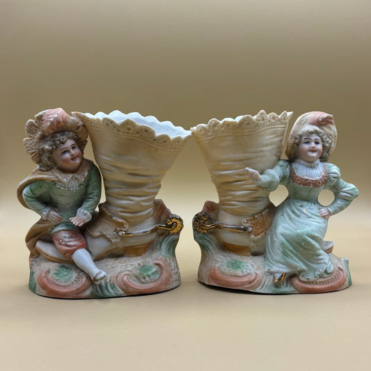 Vintage Victorian Boy & Girl Boot Planters - Porcelain Figurine Pair #3270